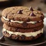 Close-up of a chocolate chip cookie sandwich with visible chocolate chips and creamy filling.