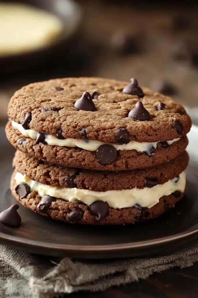 Close-up of a chocolate chip cookie sandwich with visible chocolate chips and creamy filling.