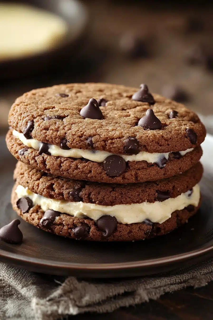 Close-up of a chocolate chip cookie sandwich with visible chocolate chips and creamy filling.