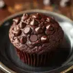 Close-up of a chocolate muffin without egg, showcasing rich textures and a warm, inviting appearance.