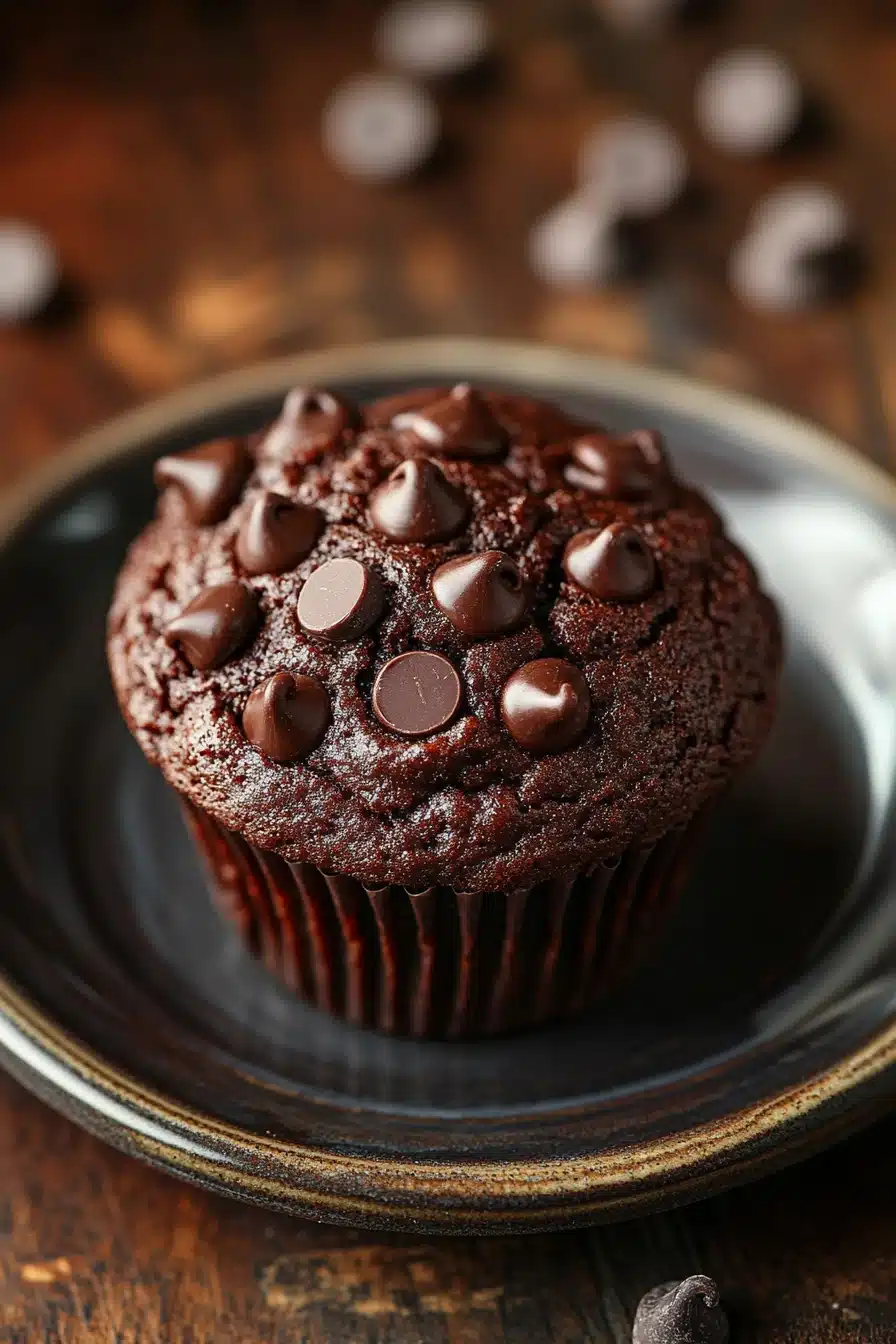 Close-up of a chocolate muffin without egg, showcasing rich textures and a warm, inviting appearance.