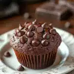 Close-up of a chocolate muffin without egg, showcasing rich textures and a warm, inviting appearance.