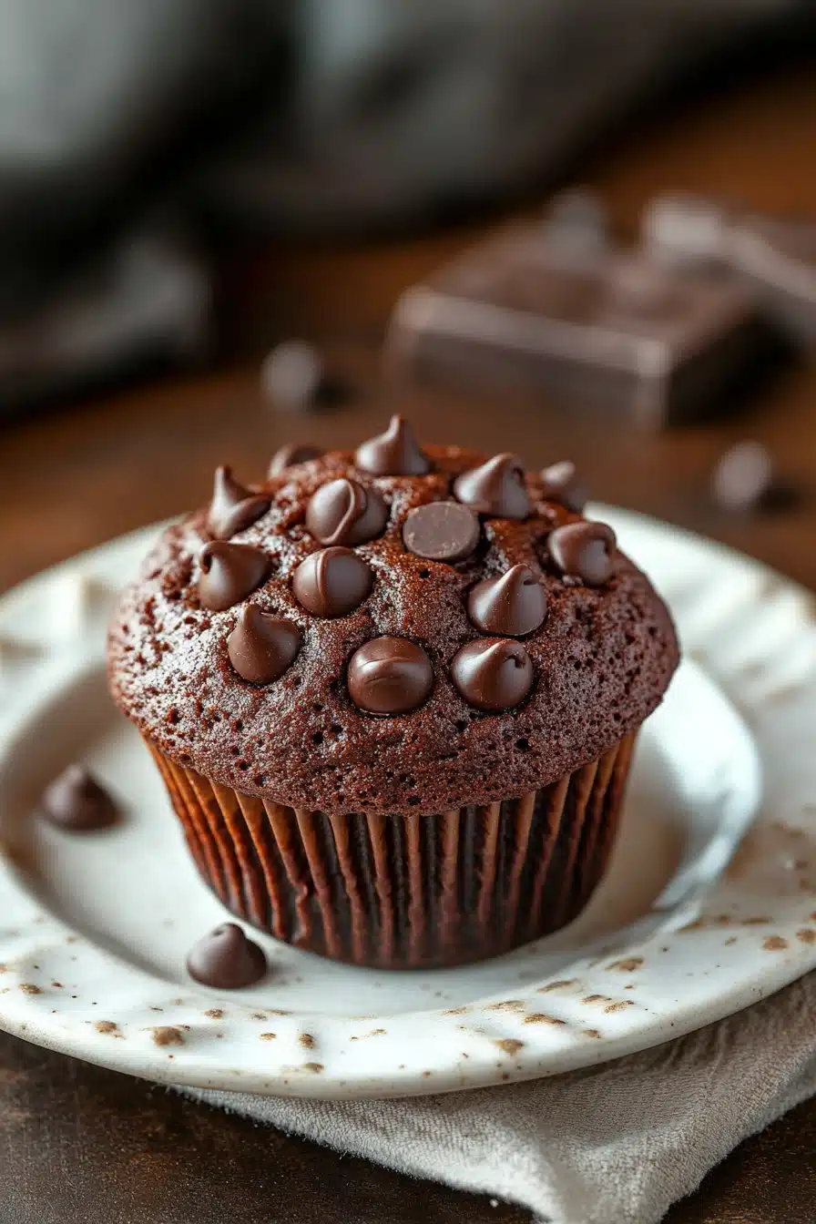 Close-up of a chocolate muffin without egg, showcasing rich textures and a warm, inviting appearance.