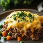 Close-up of a hearty ground beef dinner with rich textures and warm lighting.