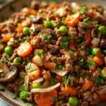 Close-up of a cozy ground beef dinner with warm lighting and minimal background.