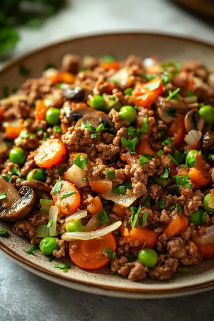 Close-up of a cozy ground beef dinner with warm lighting and minimal background.