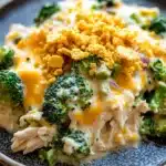 Close-up of a creamy chicken broccoli casserole with golden cheese topping