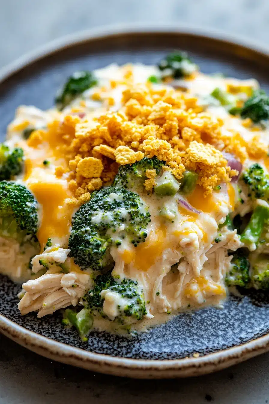 Close-up of a creamy chicken broccoli casserole with golden cheese topping