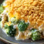 Close-up of a creamy chicken broccoli casserole with golden cheese topping.