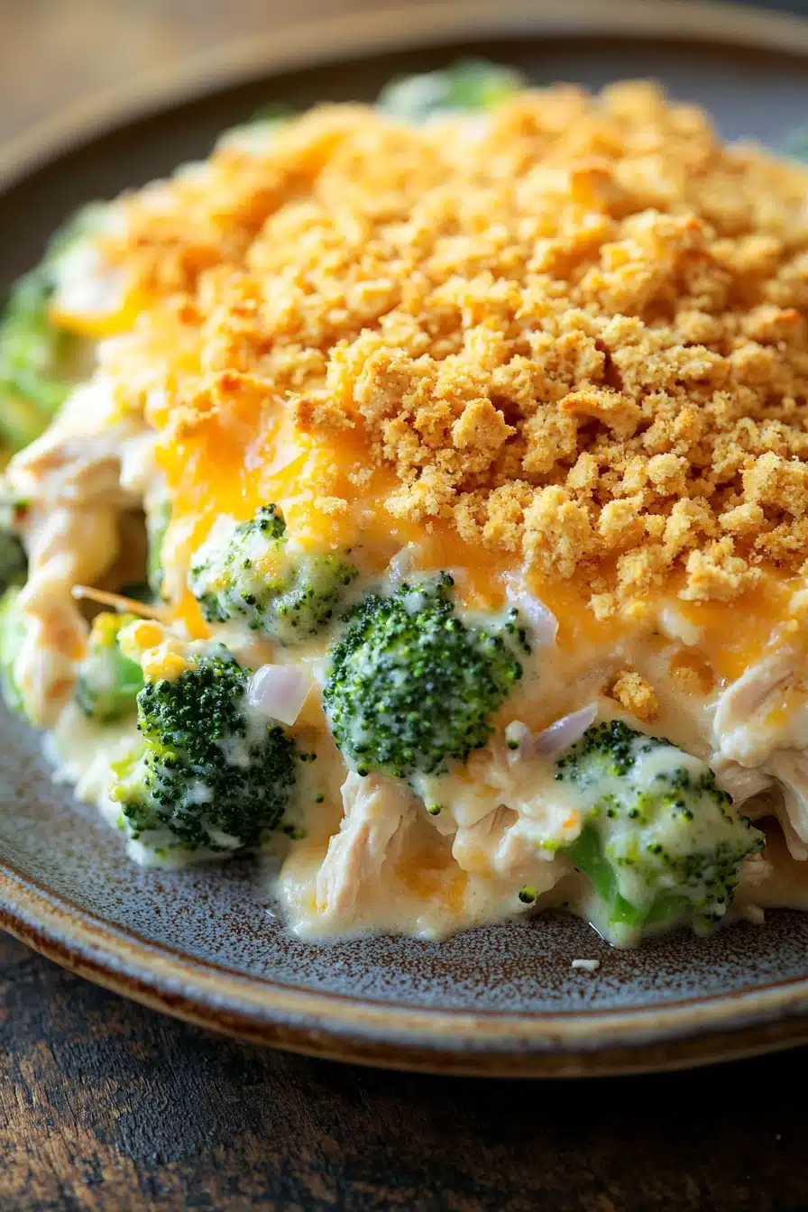 Close-up of a creamy chicken broccoli casserole with golden cheese topping.
