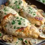 Close-up of creamy garlic mushroom chicken skillet with bright lighting and minimal background.