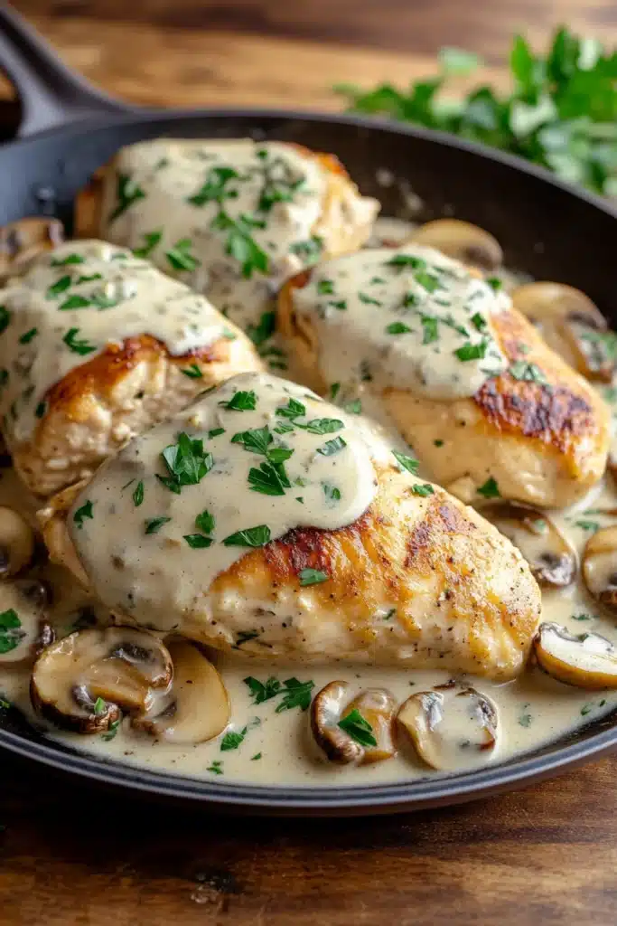 Close-up of creamy garlic mushroom chicken skillet with bright lighting and minimal background.