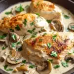Close-up of creamy garlic mushroom chicken skillet with golden sauce and herbs