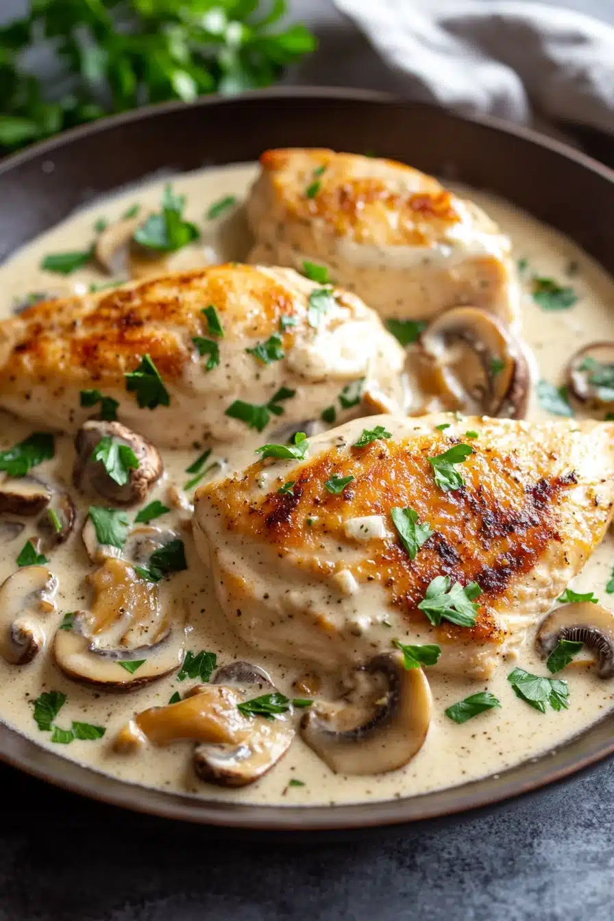 Close-up of creamy garlic mushroom chicken skillet with golden sauce and herbs