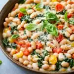 Close-up of a creamy Italian white bean skillet meal with herbs and sauce.