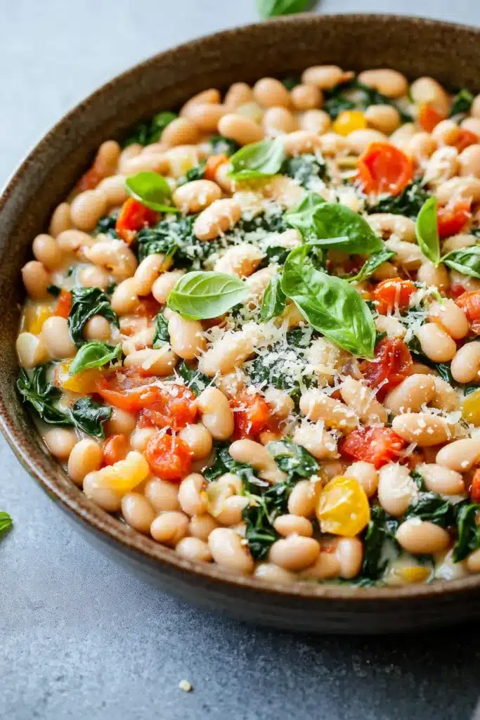 Close-up of a creamy Italian white bean skillet meal with herbs and sauce.