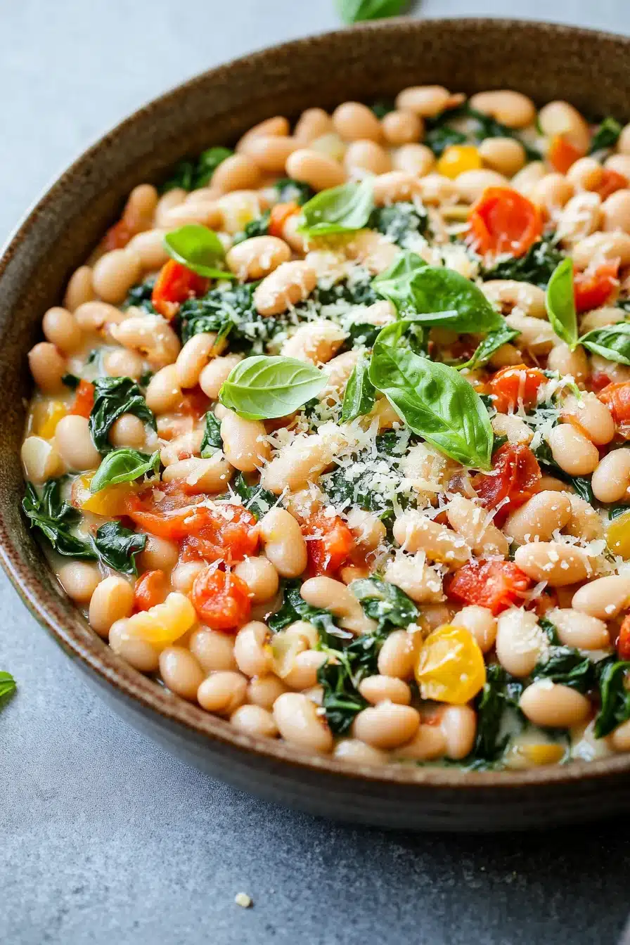 Close-up of a creamy Italian white bean skillet meal with herbs and sauce.