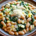 Close-up of a creamy Italian white bean skillet meal with herbs and spices.