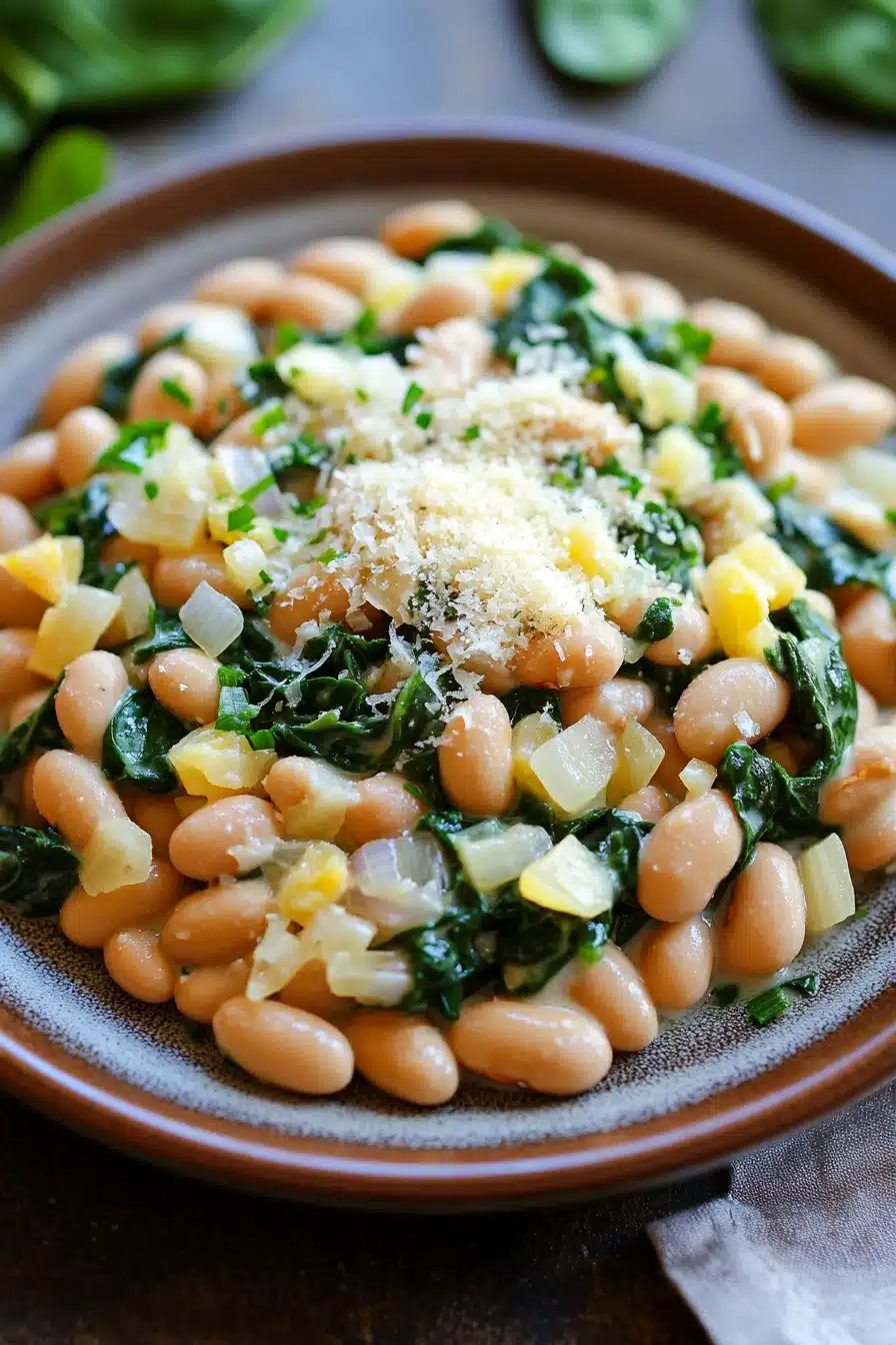 Close-up of a creamy Italian white bean skillet meal with herbs and spices.