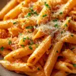 Close-up of creamy one pot paprika pasta with visible textures and bright lighting
