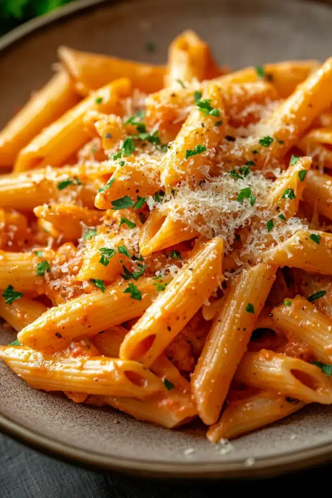 Close-up of creamy one pot paprika pasta with visible textures and bright lighting
