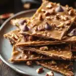 Close-up of crispy cookie brittle with a golden-brown texture on a clean background.