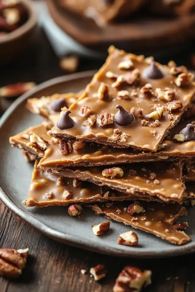 Close-up of crispy cookie brittle with a golden-brown texture on a clean background.