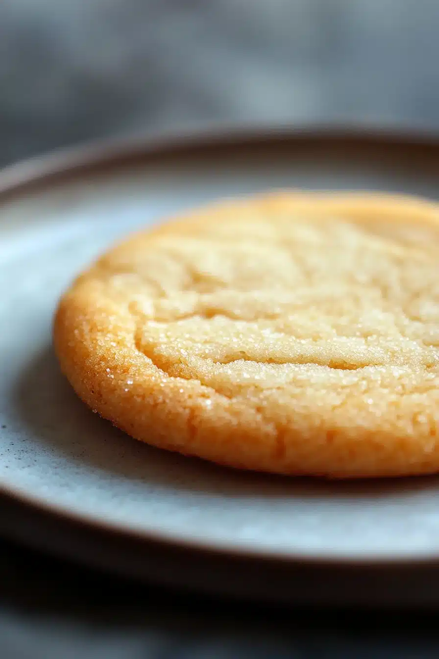Close-up of crispy sugar cookies on a clean background with warm lighting.