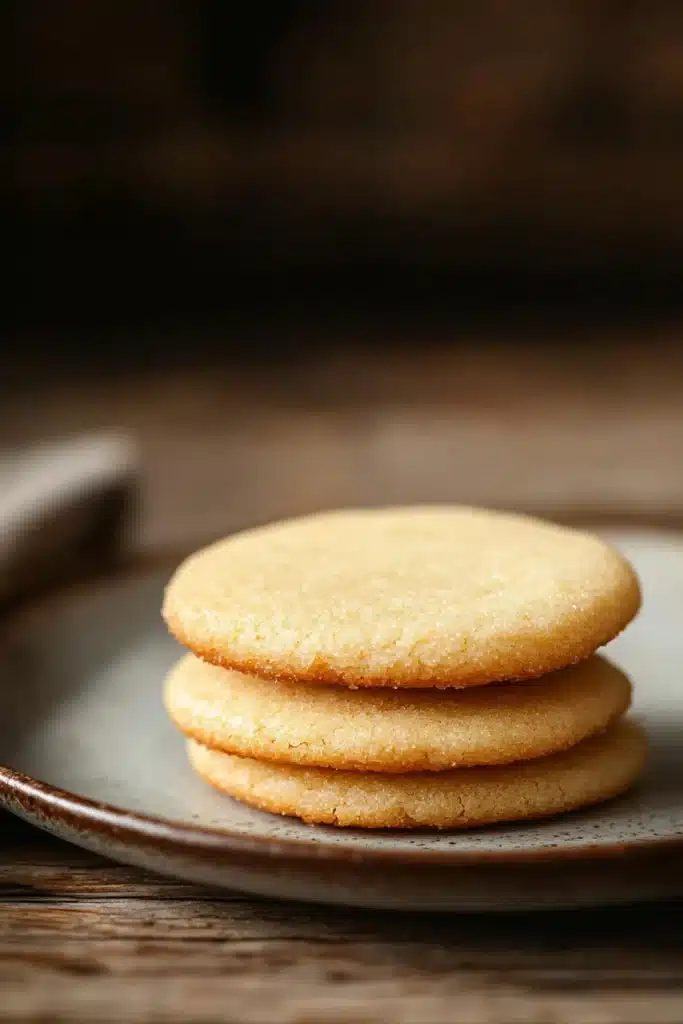 Close-up of crispy sugar cookies on a clean background with warm lighting.