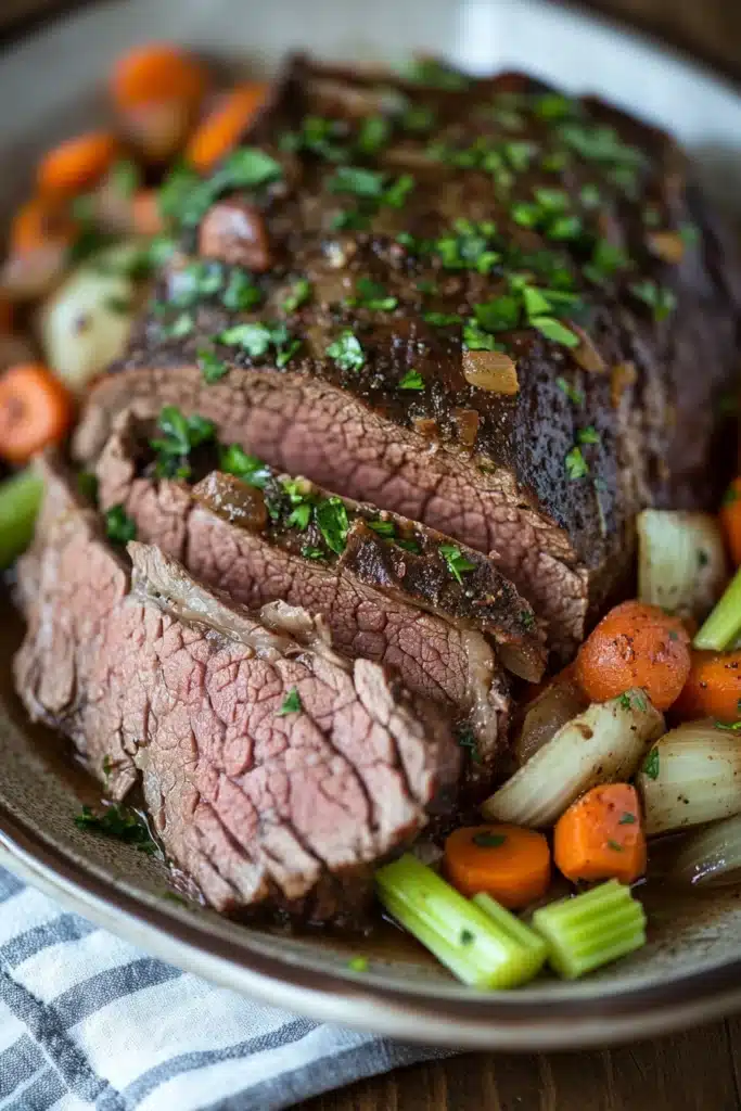 Close-up of crock pot beef loin with rich sauce and herbs.