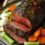 Close-up of crock pot beef loin with rich sauce and herbs on a white plate.