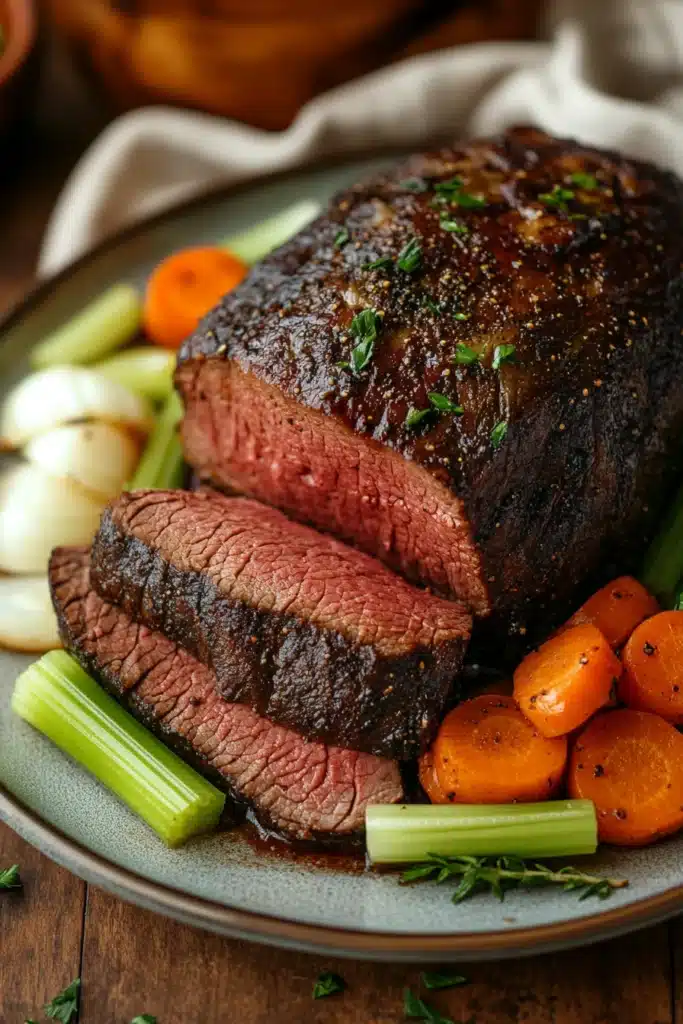 Close-up of crock pot beef loin with rich sauce and herbs on a white plate.