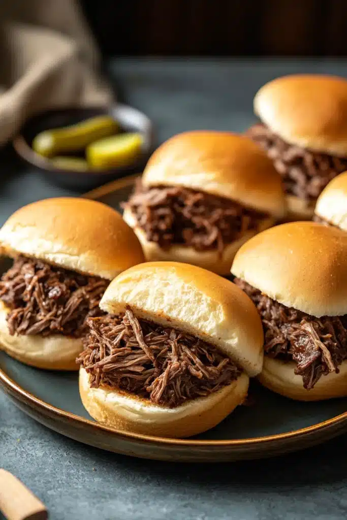 Close-up of crock pot beef on a bun with clear textures and bright lighting