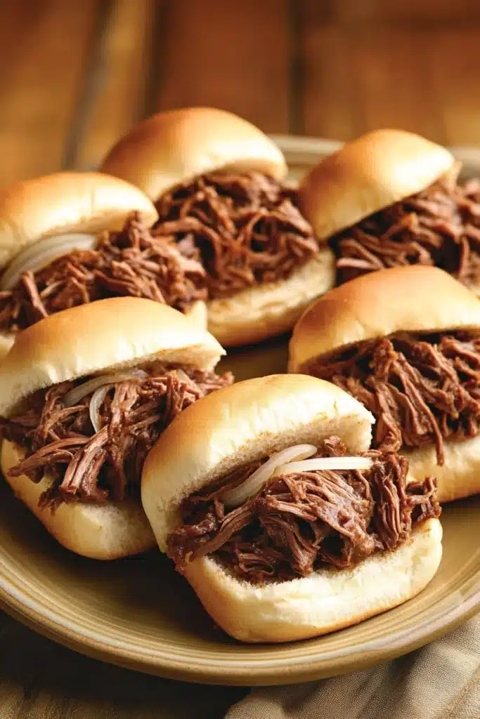 Close-up of a crock pot beef on a bun with a clean background