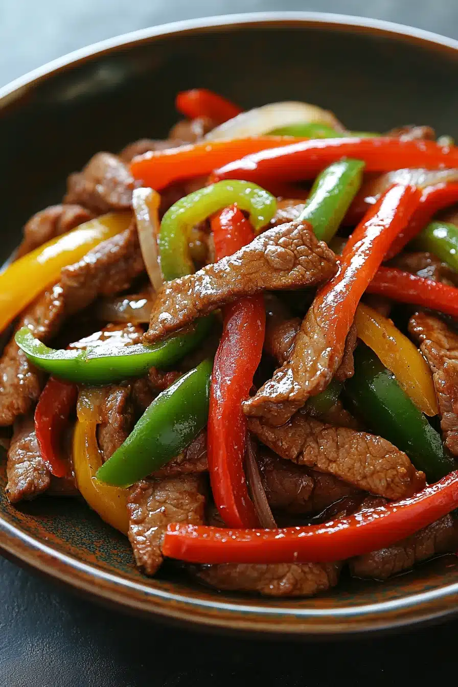 Close-up of crock pot beef pepper steak with vibrant colors and appetizing textures