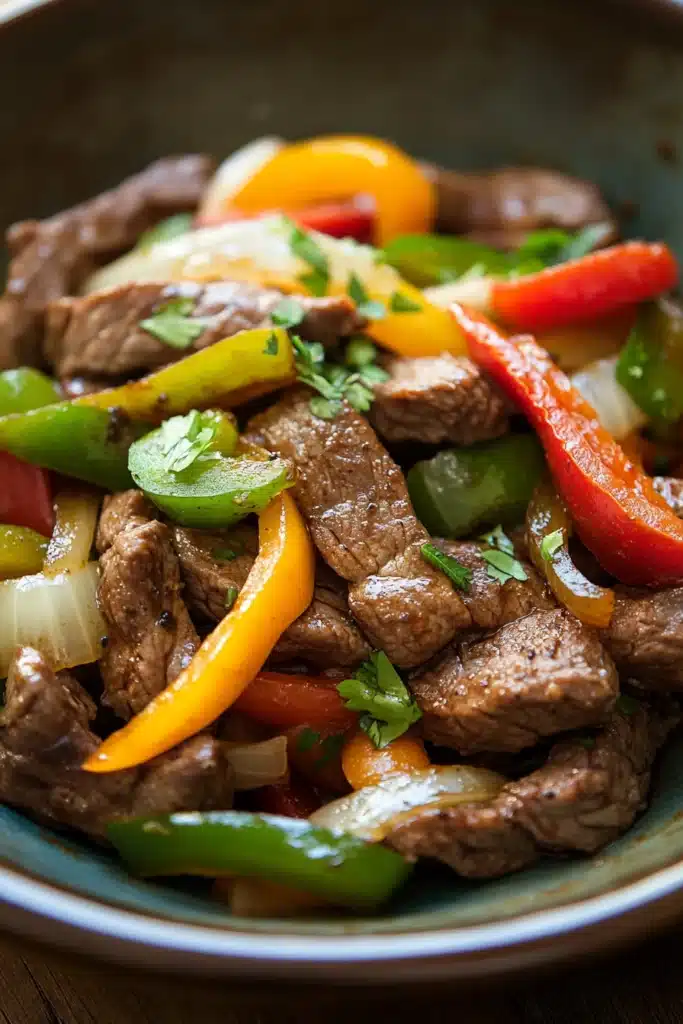 Close-up of crock pot beef pepper steak with vibrant colors and textures