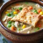 Close-up of crock pot chicken pot pie soup with creamy texture and vegetables.