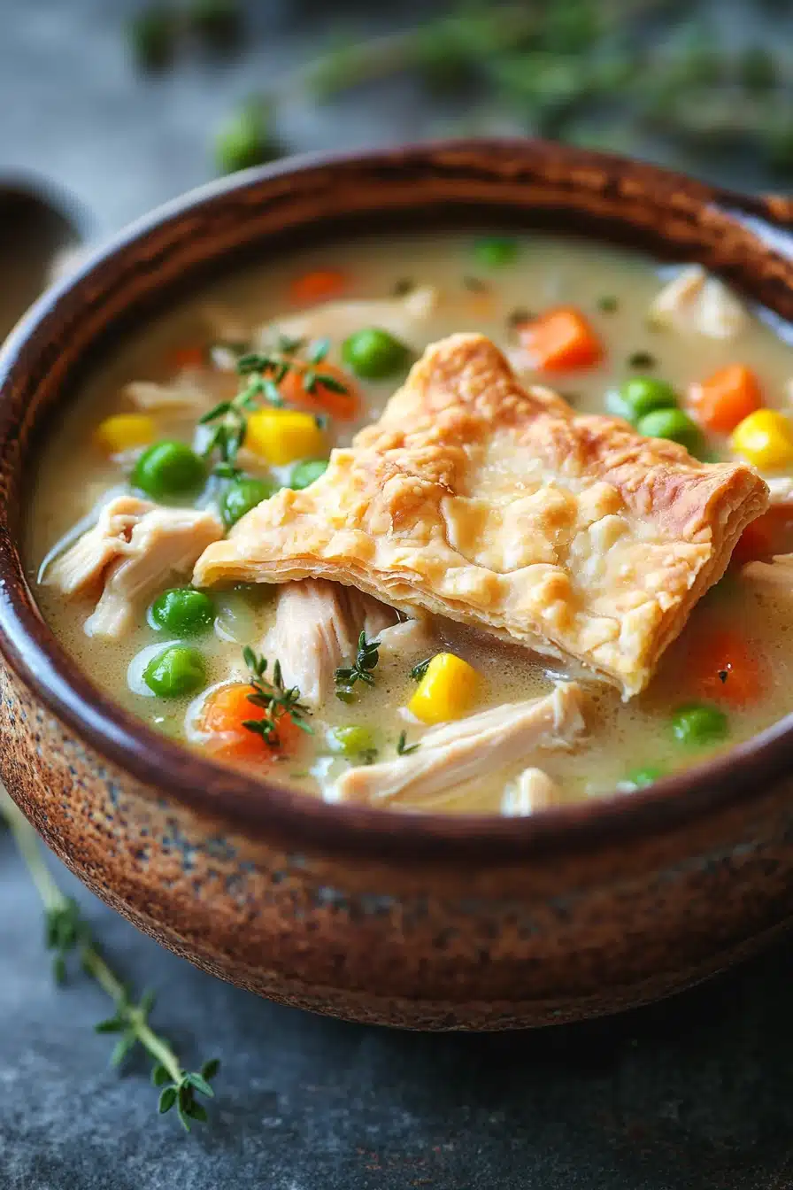 Close-up of crock pot chicken pot pie soup with creamy texture and vegetables.