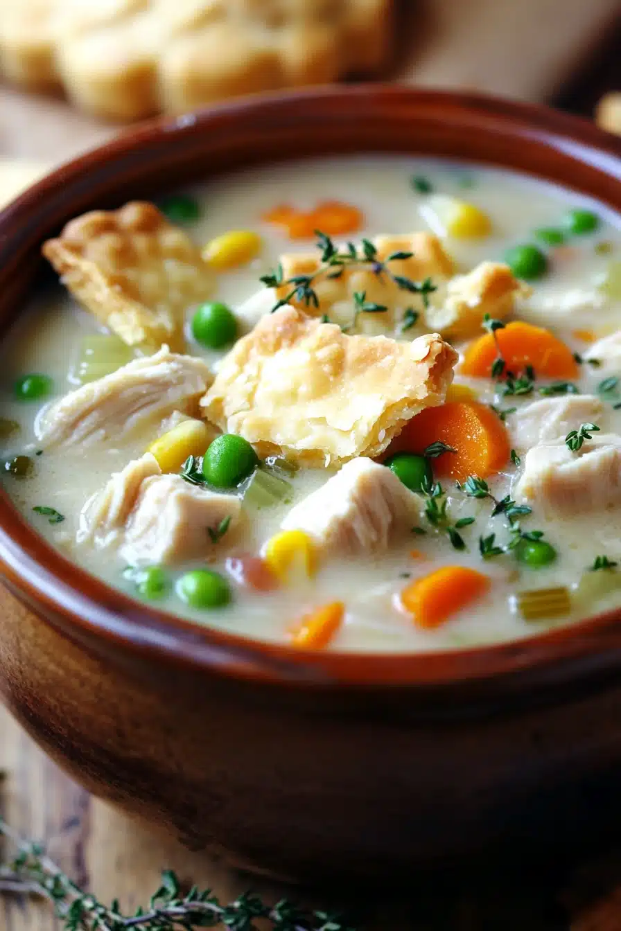 Close-up of creamy crock pot chicken pot pie soup with visible chicken and vegetables.