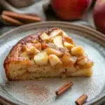 Close-up of a slice of apple cake with a golden crust and visible apple pieces