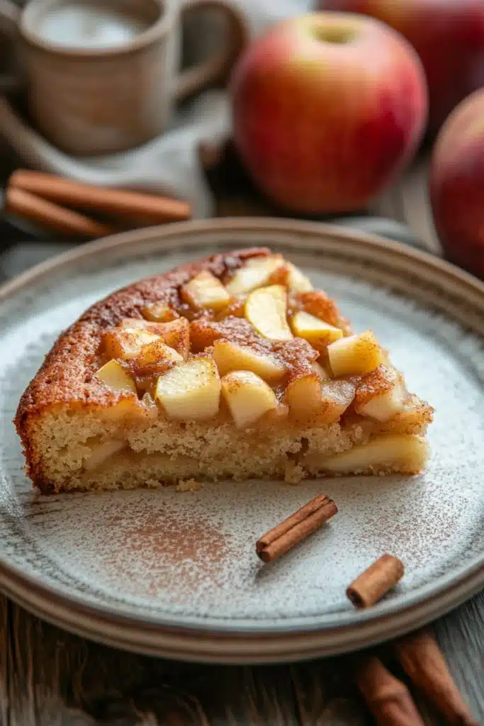Close-up of a slice of apple cake with a golden crust and visible apple pieces