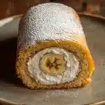 Close-up of a banana cake roll with a creamy filling on a white plate.
