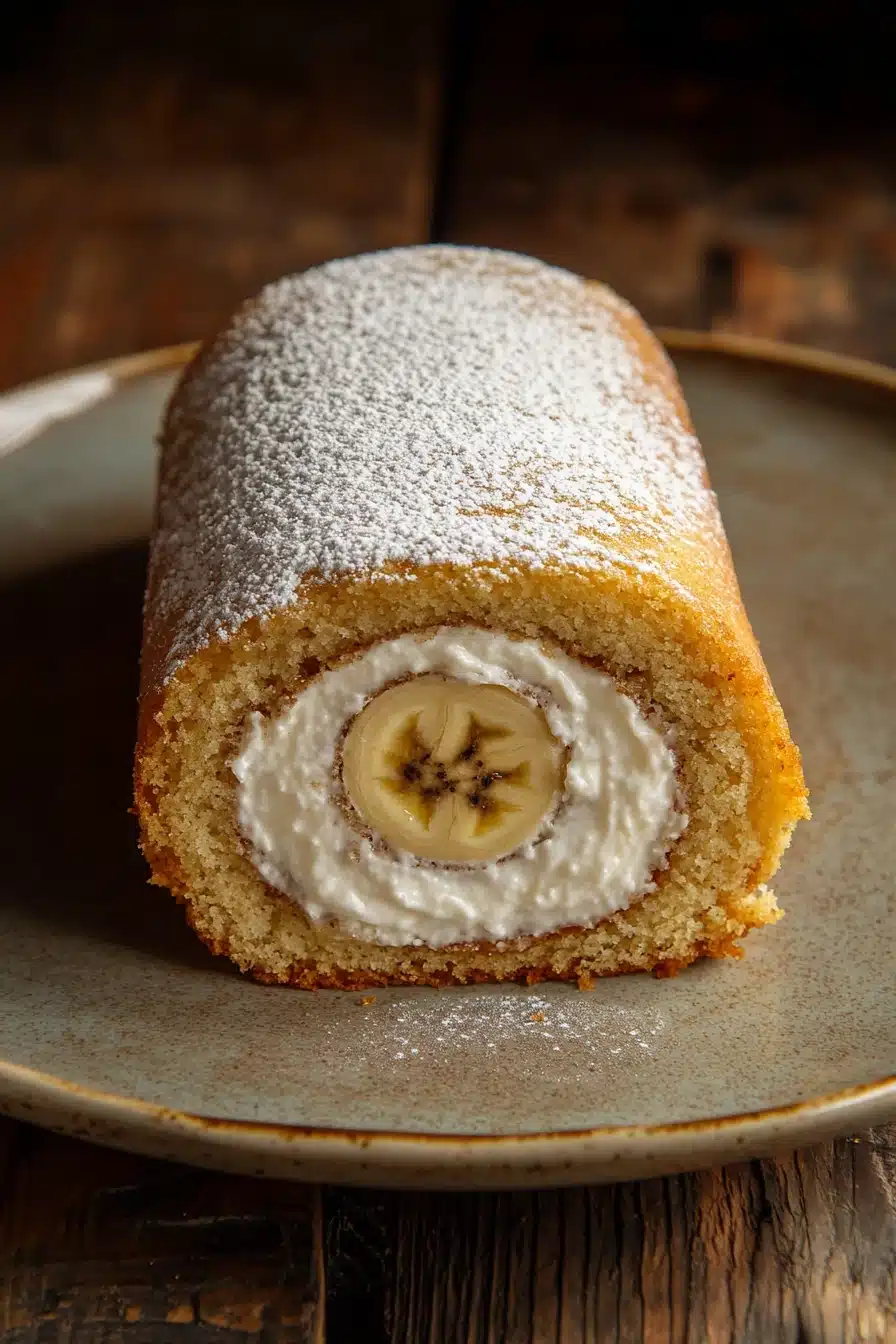 Close-up of a banana cake roll with a creamy filling on a white plate.
