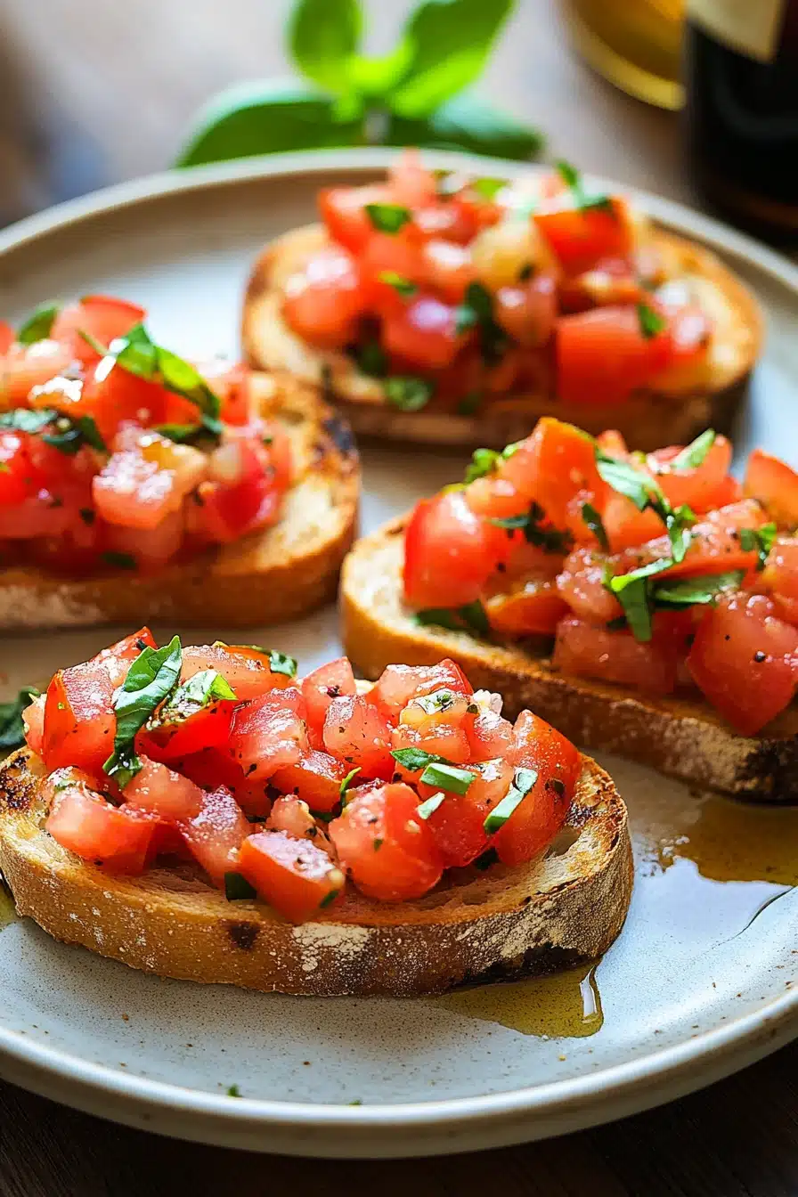 Close-up of bruschetta topped with fresh tomatoes, basil, and a drizzle of olive oil.