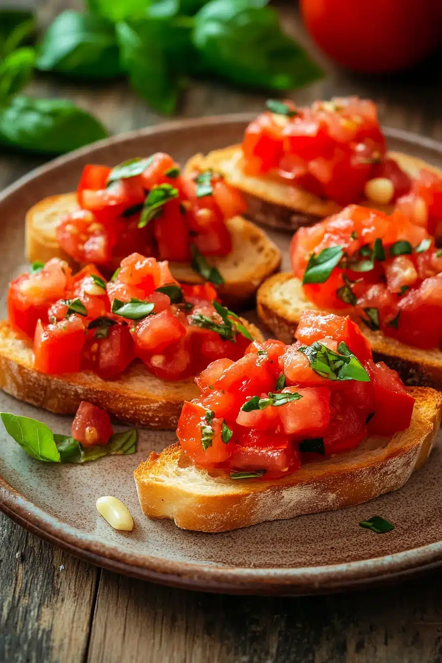 Close-up of delicious bruschetta with fresh toppings on a wooden board