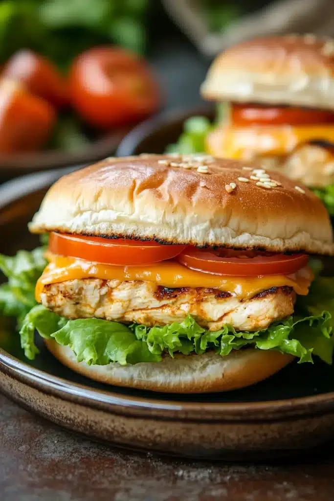 Close-up of chicken breast burgers with fresh toppings on a clean background