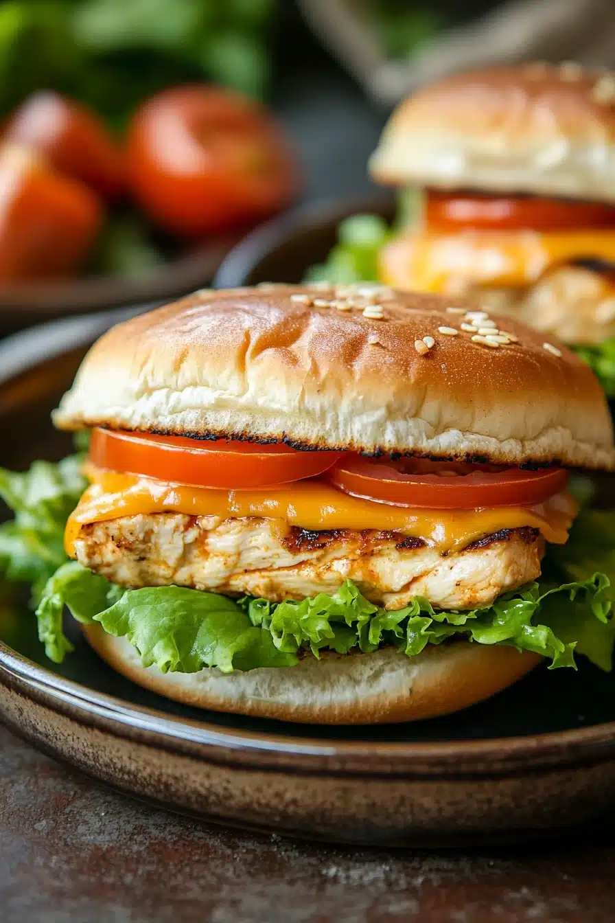 Close-up of chicken breast burgers with fresh toppings on a clean background