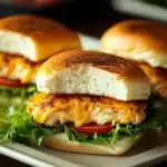 Close-up of appetizing chicken breast burgers with fresh toppings on a clean background