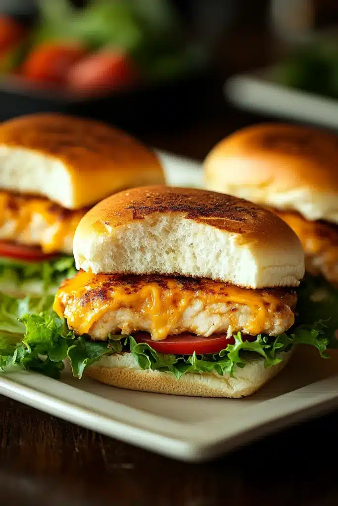 Close-up of appetizing chicken breast burgers with fresh toppings on a clean background