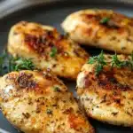 Close-up of golden brown chicken breast tenders on a clean white plate